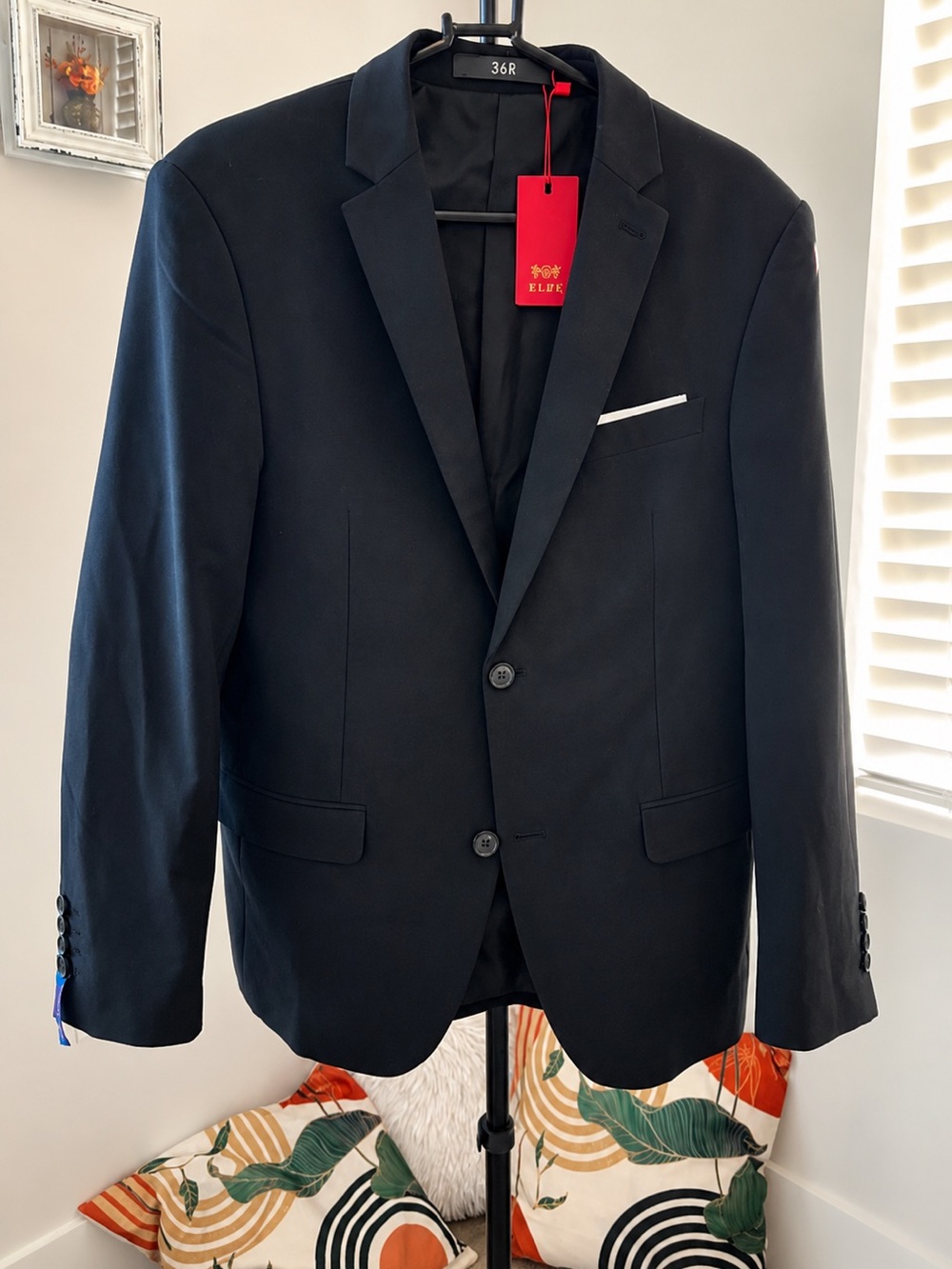 ELPA black formal suit blazer jacket sport coat 36R prestyled white pocket under